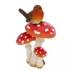   Légyölő galócán ülő vörösbegy polyresin szobor, dekoráció, 9 x 7 x 14 cm