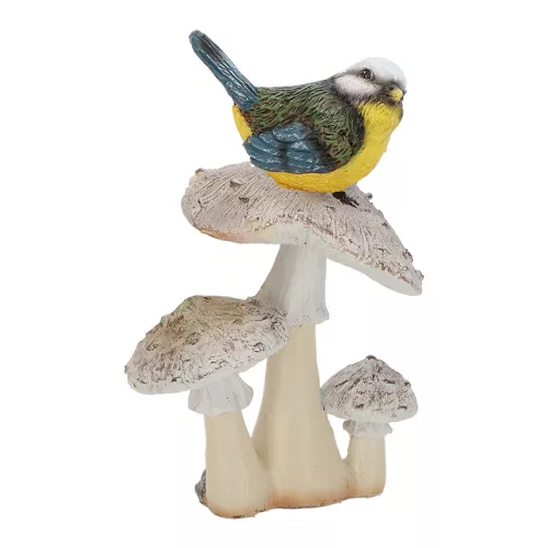 Őzlábgombán ülő kékcinege polyresin szobor, dekoráció, 10,5 x 8 x 15 cm