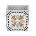 Mediterrán stílusú kerámia virágcserép, portugál mozaik mintával, 13 x 13 cm, kültéri és beltéri dekorációs kiegészítő