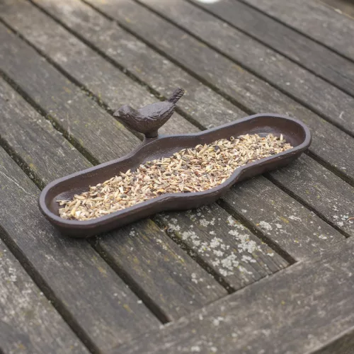 Öntöttvas madáritató és -etető tál, kismadár dekorációval, 29,5 cm