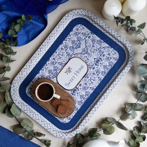 Portugál mintás fém tálca, szögletes, 40 x 28,5 cm