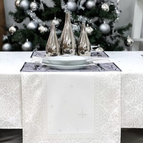 Barokk mintás pamut asztali futó, ezüst lurexes, 44 x 140 cm