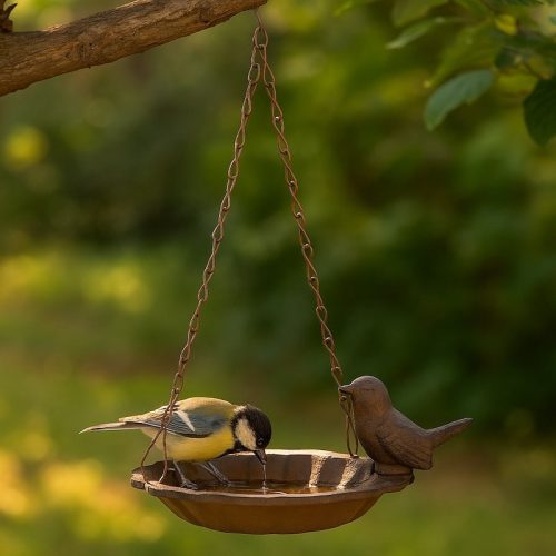 Felakasztható öntöttvas madáretető és itató, egy kismadárral