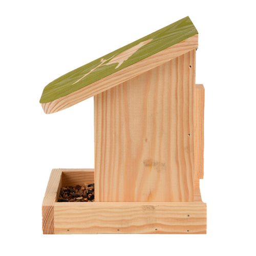 Fa madáretető, kismadár sziluettel