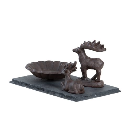 Öntöttvas madáritató és fürdető tál palatáblán, szarvas figurákkal