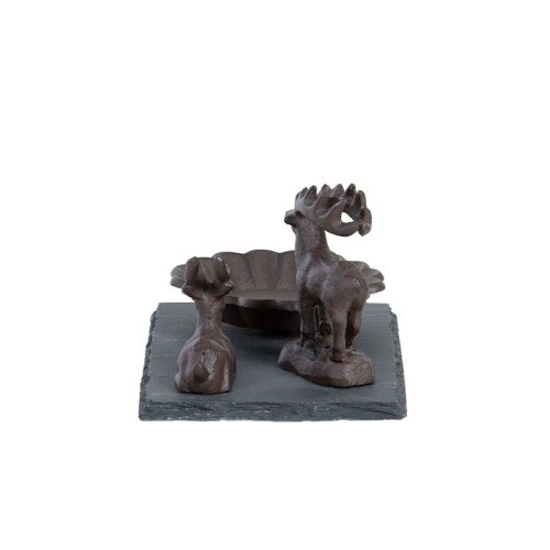 Öntöttvas madáritató és fürdető tál palatáblán, szarvas figurákkal