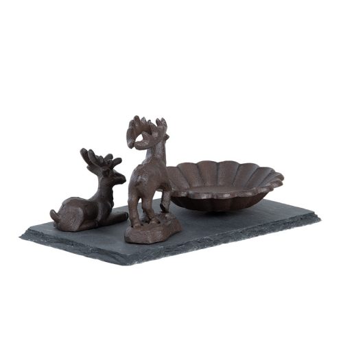 Öntöttvas madáritató és fürdető tál palatáblán, szarvas figurákkal