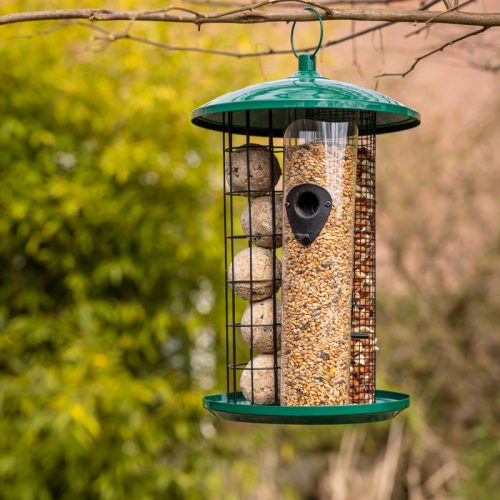 Felakasztható adagolós madáretető, 3 fajta madáreleségnek, 44 cm