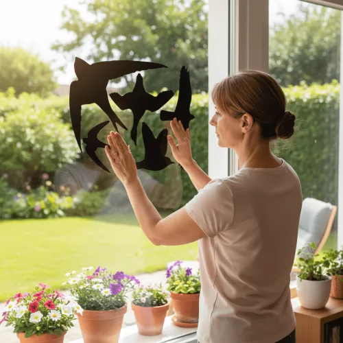 Madárriasztó, madár sziluett ablakmatrica a madarak épségéért