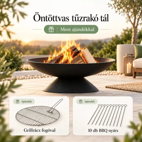 Öntöttvas tűzrakó tál 60 cm oldalnézetből, 20,5 cm magas lábazattal