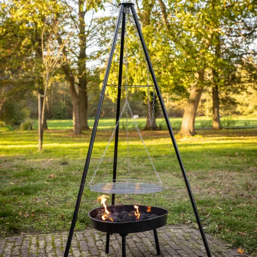 BBQ tűzrakó tál, állítható magasságú grillráccsal, három lábú állvánnyal, 157 cm