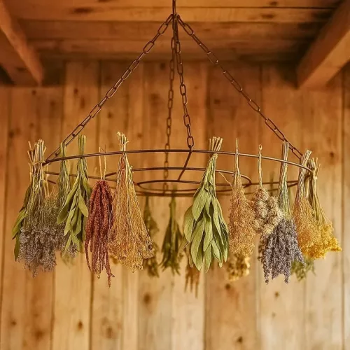 Felakasztható fém növényszárító, szalag tartó, 90 cm átmérőjű