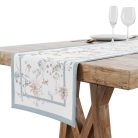 Floral virág mintás pamut asztali futó, világoskék szegéllyel, 45 x 140 cm