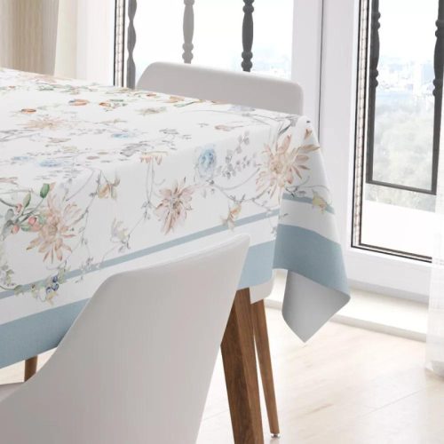 Floral virág mintás pamut asztalterítő, világoskék szegéllyel, 140 x 180 cm