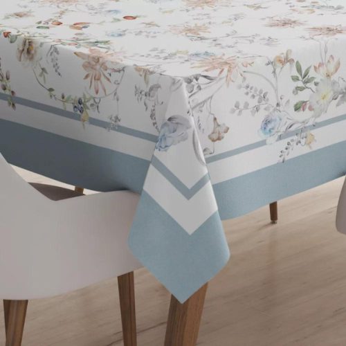 Floral virág mintás pamut asztalterítő, világoskék szegéllyel, 140 x 180 cm