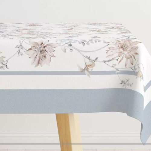 Floral virág mintás pamut asztalterítő, világoskék szegéllyel, 140 x 180 cm