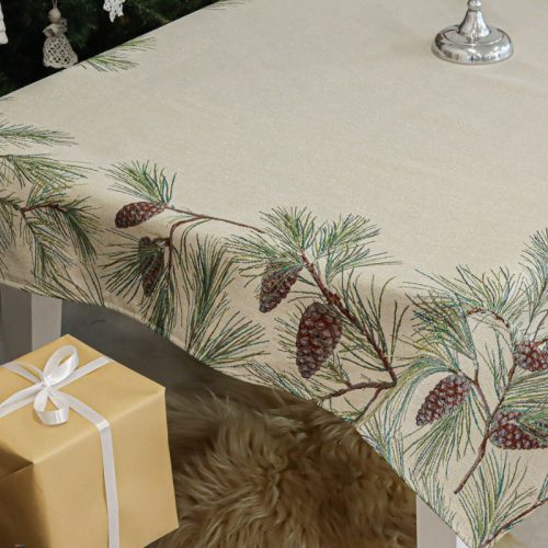 Fenyőág tobozzal ezüst lurexes, gépi gobelin asztalterítő, 137 x 240 cm