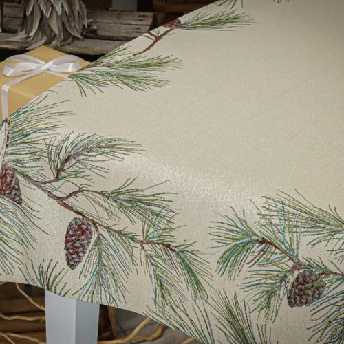 Fenyőág tobozzal ezüst lurexes, gépi gobelin asztalterítő, 137 x 240 cm