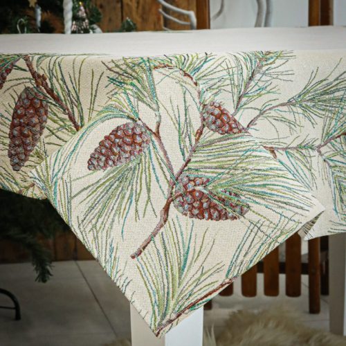 Fenyőág tobozzal ezüst lurexes, gépi gobelin asztalterítő, 137 x 240 cm