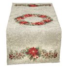 Mikulásvirág koszorús, ezüst lurexes gép gobelin asztali futó, 44 x 140 cm