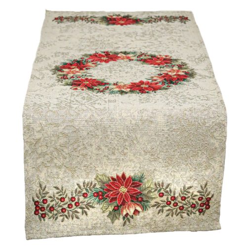 Mikulásvirág koszorús, ezüst lurexes gép gobelin asztali futó, 44 x 140 cm