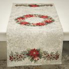 Mikulásvirág koszorús, ezüst lurexes gép gobelin asztali futó, 44 x 140 cm