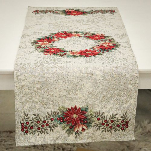 Mikulásvirág koszorús, ezüst lurexes gép gobelin asztali futó, 44 x 140 cm