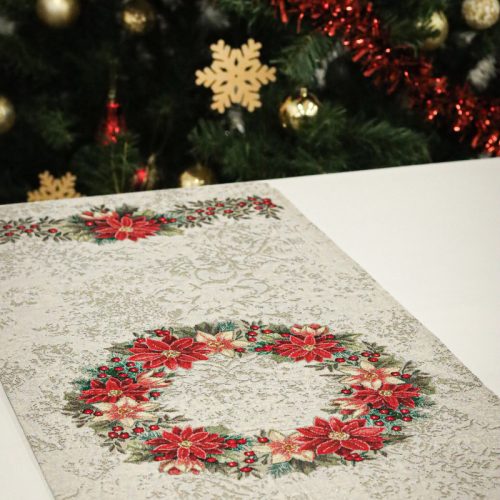 Mikulásvirág koszorús, ezüst lurexes gép gobelin asztali futó, 44 x 140 cm