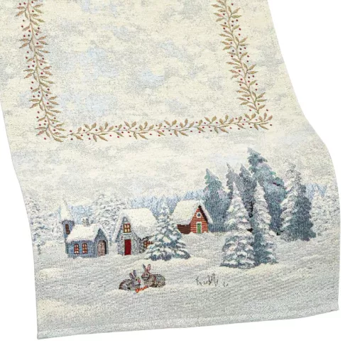 Nyuszik a hóban, ezüst lurexes gépi gobelin asztali futó, 44 x 140 cm