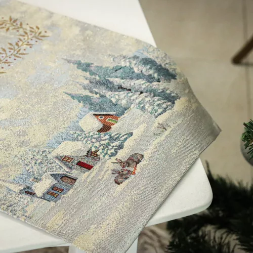 Nyuszik a hóban, ezüst lurexes gépi gobelin asztali futó, 44 x 140 cm