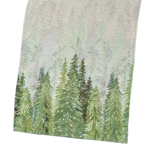 Fenyőerdő, arany lurexes gépi gobelin asztali futó, 44 x 140 cm