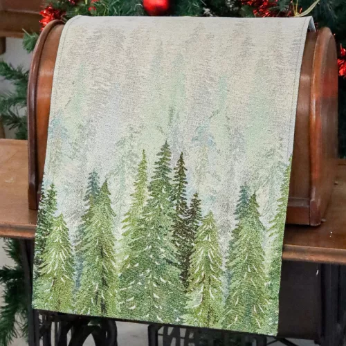 Fenyőerdő, arany lurexes gépi gobelin asztali futó, 44 x 140 cm