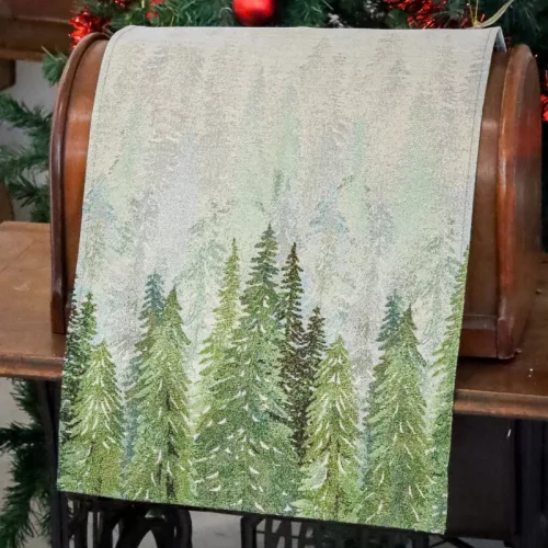 Fenyőerdő, arany lurexes gépi gobelin asztali futó, 44 x 140 cm