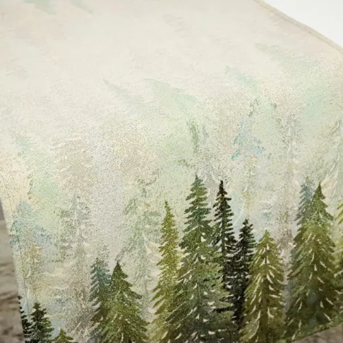 Fenyőerdő, arany lurexes gépi gobelin asztali futó, 44 x 140 cm