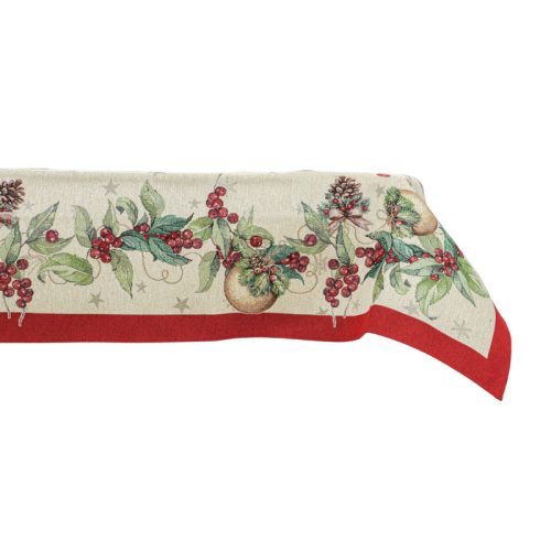 Karácsonyi mintás arany gömbös, arany lurexes gépi gobelin asztalterítő, 137 x 240 cm