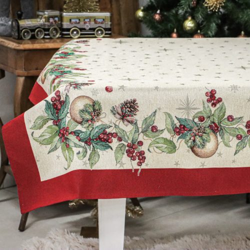 Karácsonyi mintás arany gömbös, arany lurexes gépi gobelin asztalterítő, 137 x 240 cm