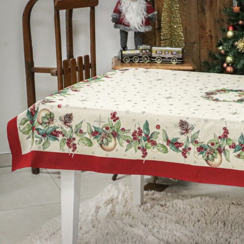 Karácsonyi mintás arany gömbös, arany lurexes gépi gobelin asztalterítő, 137 x 240 cm