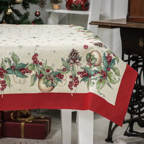 Karácsonyi mintás arany gömbös, arany lurexes gépi gobelin asztalterítő, 137 x 240 cm