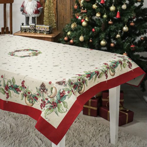 Karácsonyi mintás arany gömbös, arany lurexes gépi gobelin asztalterítő, 137 x 240 cm