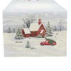   Piros templom a havas tájban, ezüst lurexes gépi gobelin asztali futó, 44 x 140 cm