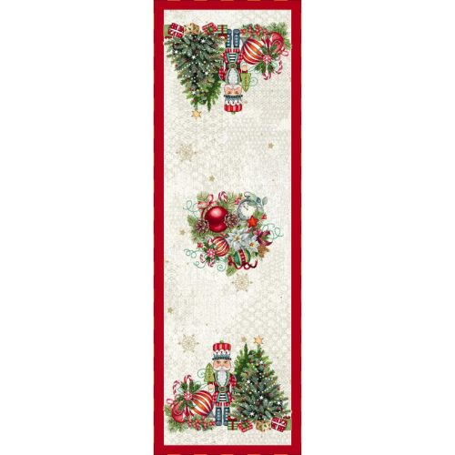 Diótörős és karácsonyfás, ezüst lurexes gépi gobelin asztali futó, 44 x 140 cm
