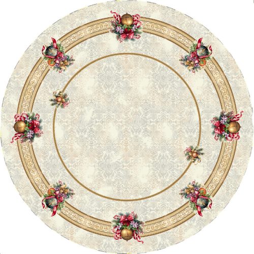 Karácsonyi gömbös, piros szalagos, arany lurexes gépi gobelin asztalterítő, 160 cm átmérőjű