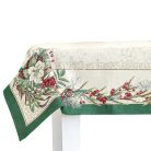 Magyal piros bogyós, zöld szélű, ezüst lurexes gépi gobelin asztalterítő, 137 x 180 cm