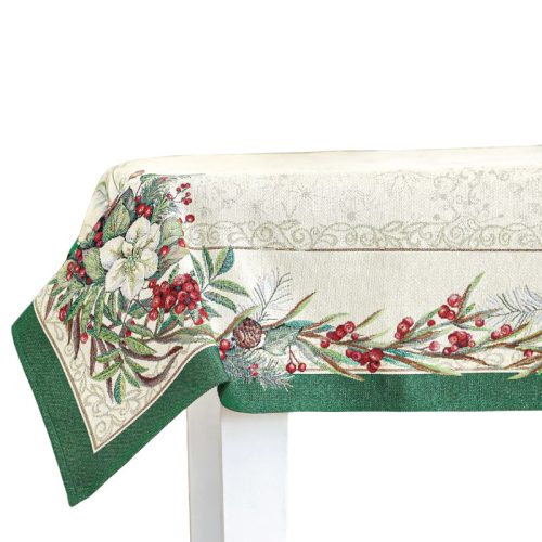 Magyal piros bogyós, zöld szélű, ezüst lurexes gépi gobelin asztalterítő, 137 x 180 cm