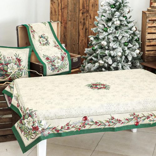 Magyal piros bogyós, zöld szélű, ezüst lurexes gépi gobelin asztalterítő, 137 x 180 cm