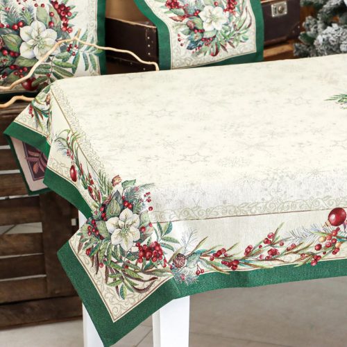 Magyal piros bogyós, zöld szélű, ezüst lurexes gépi gobelin asztalterítő, 137 x 180 cm