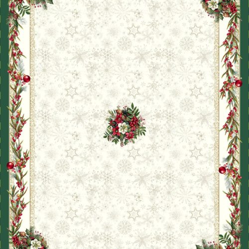 Magyal piros bogyós, zöld szélű, ezüst lurexes gépi gobelin asztalterítő, 137 x 180 cm