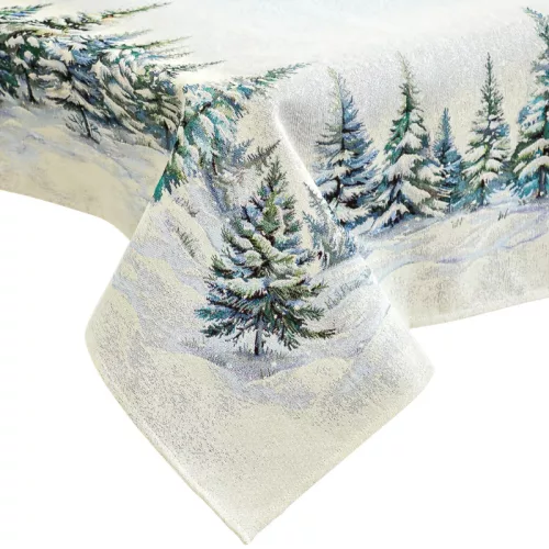 Havas fenyőerdő, ezüst lurexes gépi gobelin asztalterítő, 137 x 240 cm