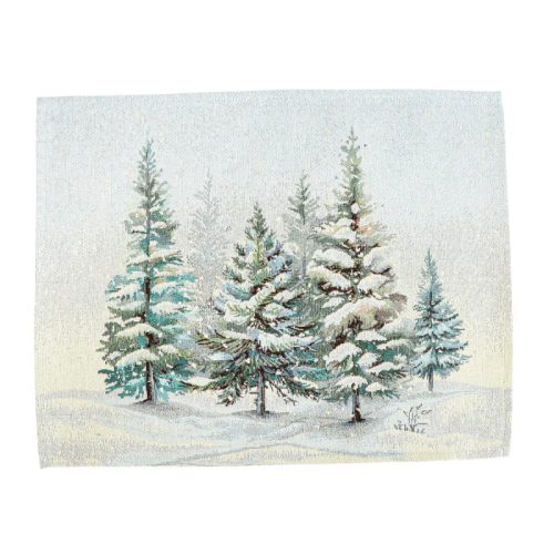 Havas fenyőerdő, ezüst lurexes gépi gobelin tányéralátét, 48 x 37 cm