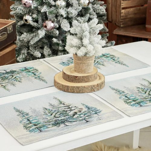 Havas fenyőerdő, ezüst lurexes gépi gobelin tányéralátét, 48 x 37 cm